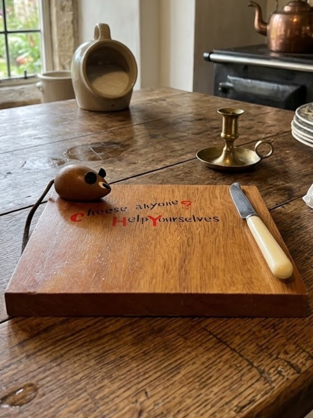 Vintage wooden cheese board small, 3D decorative mouse & a matching knife